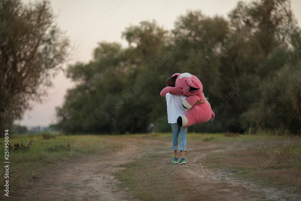 teenager carries a pink elephant and iedt along the summer road teenager carries a pink elephant and iedt along the summer road