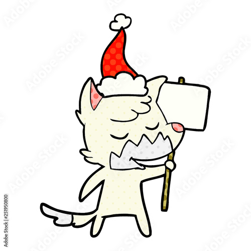 friendly comic book style illustration of a fox wearing santa hat