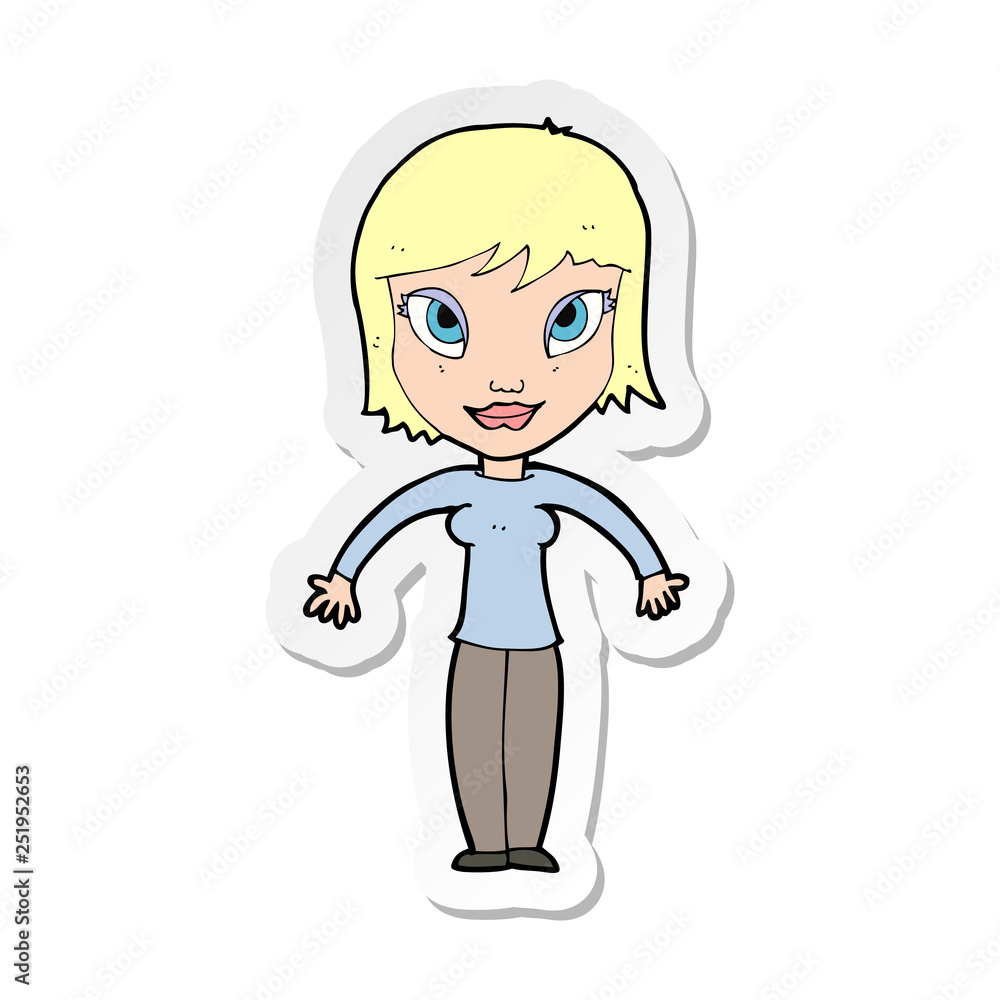 sticker of a cartoon woman shrugging shoulders sticker of a cartoon woman shrugging shoulders