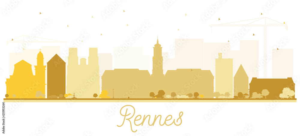 Rennes France City Skyline Silhouette with Golden Buildings Isolated on White.