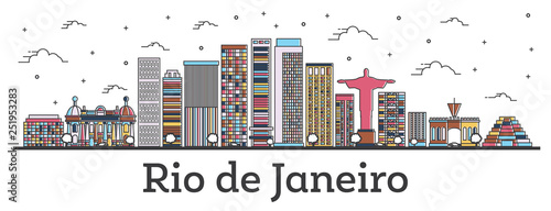 Outline Rio de Janeiro Brazil City Skyline with Color Buildings Isolated on White.