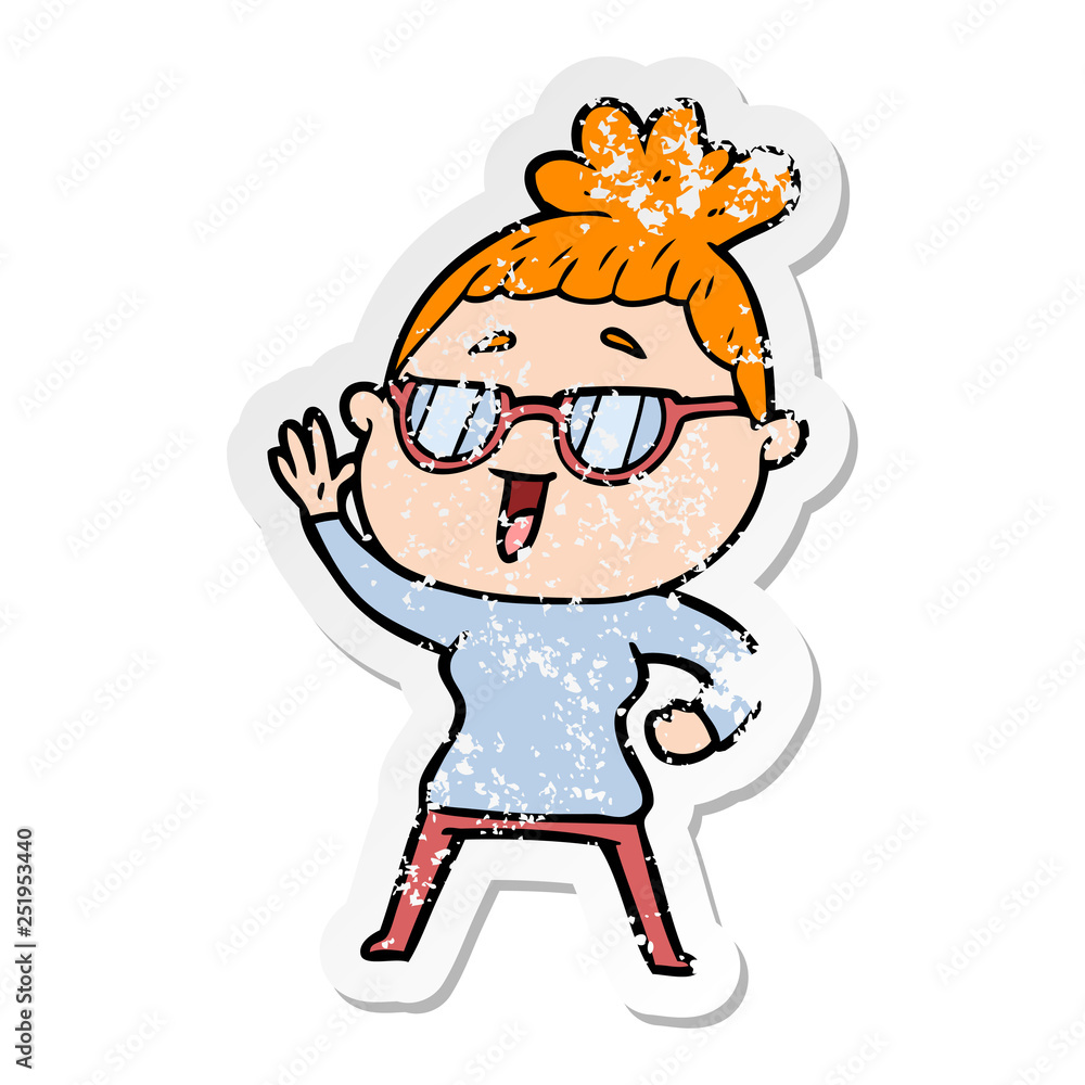 distressed sticker of a cartoon happy woman wearing spectacles