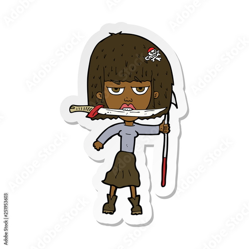sticker of a cartoon woman with knife and harpoon