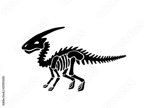Dinosaur parasaurolophus skeleton. Vector illustration. For  logo, card, T-shirts, textiles, web. Isolated on white background.