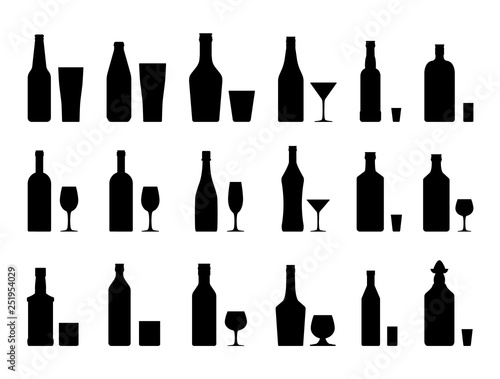 Alcohol drinks set silhouette. Bottles with glasses. Vodka champagne wine whiskey beer brandy tequila cognac liquor vermouth gin rum absinthe sambuca cider bourbon. Vector illustration flat style