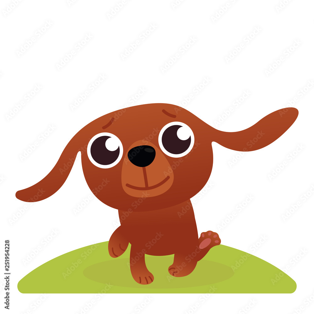 Obraz premium Happy cartoon puppy sitting, Portrait of cute little dog. Dog friend. Vector illustration. Isolated on white background. Funny little corgi walking by green meadow in park. Sunny summer day. Concept