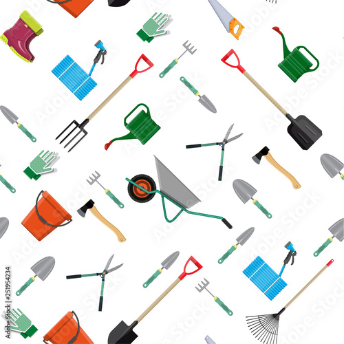 Seamless gardening tools pattern. Equipment for garden. Saw bucket ax wheelbarrow hose rake can shovel secateurs gloves boots. Vector illustration in flat style