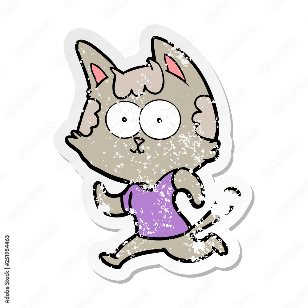 distressed sticker of a happy cartoon cat jogging distressed sticker of a happy cartoon cat jogging