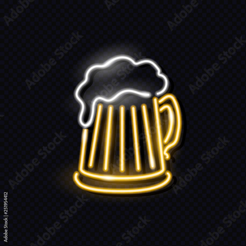 Neon mag of beer with foam isolated on dark background. Night signboard concept for logo, flyer, poster. Vector 10 EPS illustration.