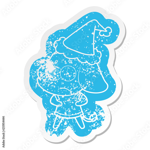 cartoon distressed sticker of a unsure elephant wearing santa hat