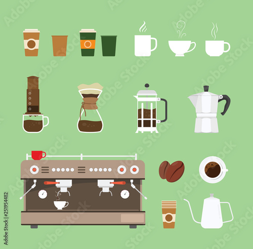 coffee machine tools equipment set collection with flat design style - vector illustration