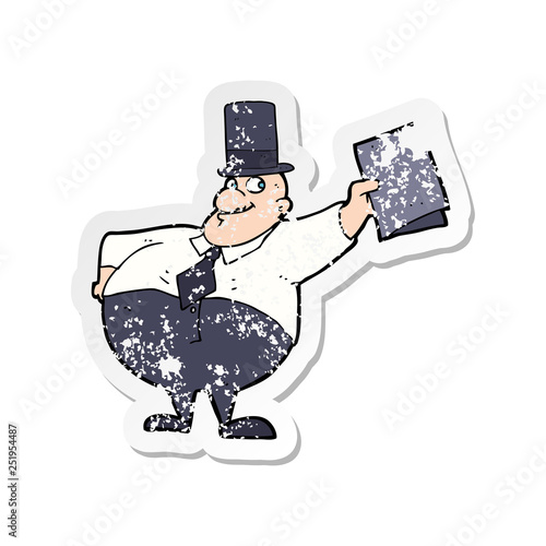 retro distressed sticker of a cartoon man wearing top hat