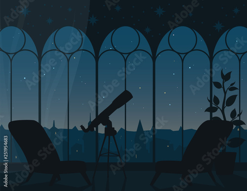 Panoramic view from room through arched windows to evening starry sky of town. Vector illustration of interior with telescope and city landscape. Astronomical observation. Scene for your design.
