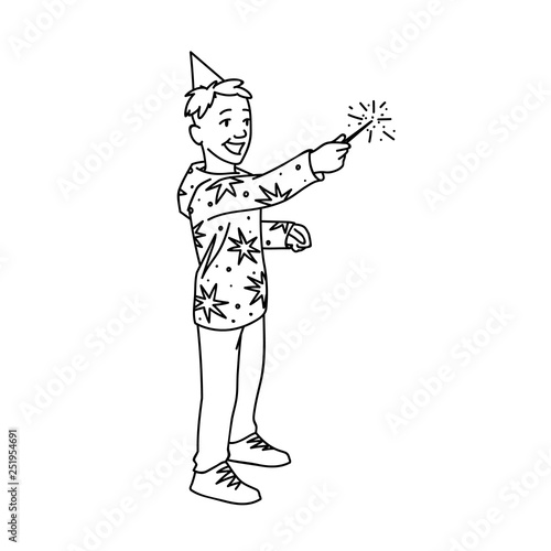 Cute boy in festive cup and hoodie with stars holds sparkler Black lines isolated on white background. Concept. Vector illustration of happy little boy with magic wand in simple line art style © tinkivinki