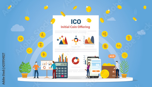 ico initial coin offering concept with people and business money graph finance with gold money - vector illustration