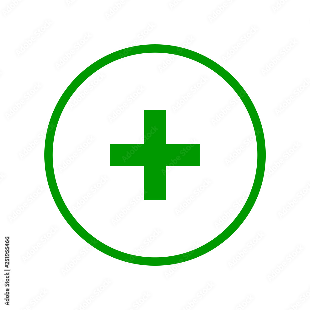 Round green plus sign line icon, button, positive symbol on white background Round green plus sign line icon, button, positive symbol on white background