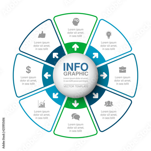 Vector infographic template for circular diagram, graph, presentation, chart, business concept with 8 options.