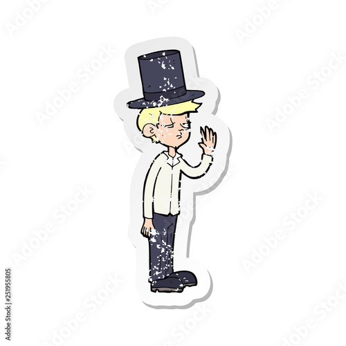 retro distressed sticker of a cartoon man wearing top hat