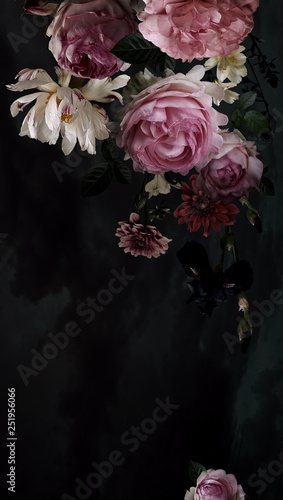 Garland of luxurious garden roses and peonies on a watercolor black backgroun...