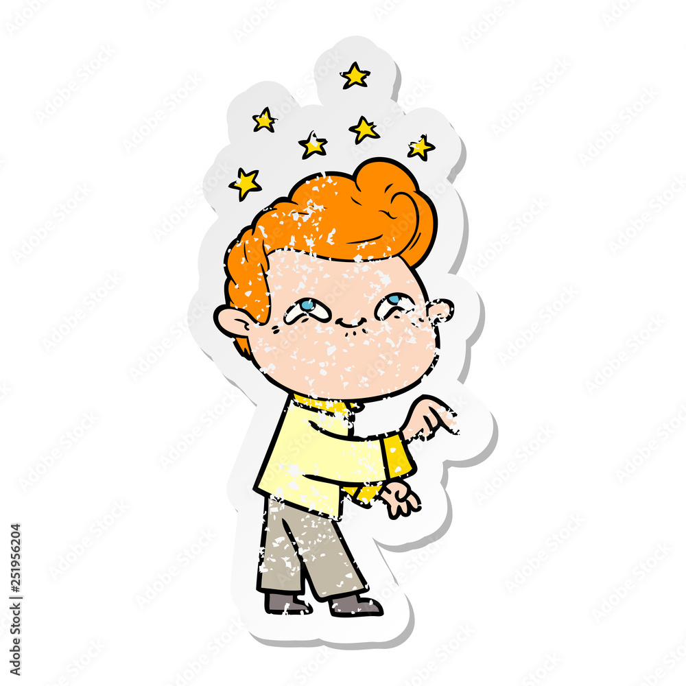 distressed sticker of a cartoon excited man distressed sticker of a cartoon excited man