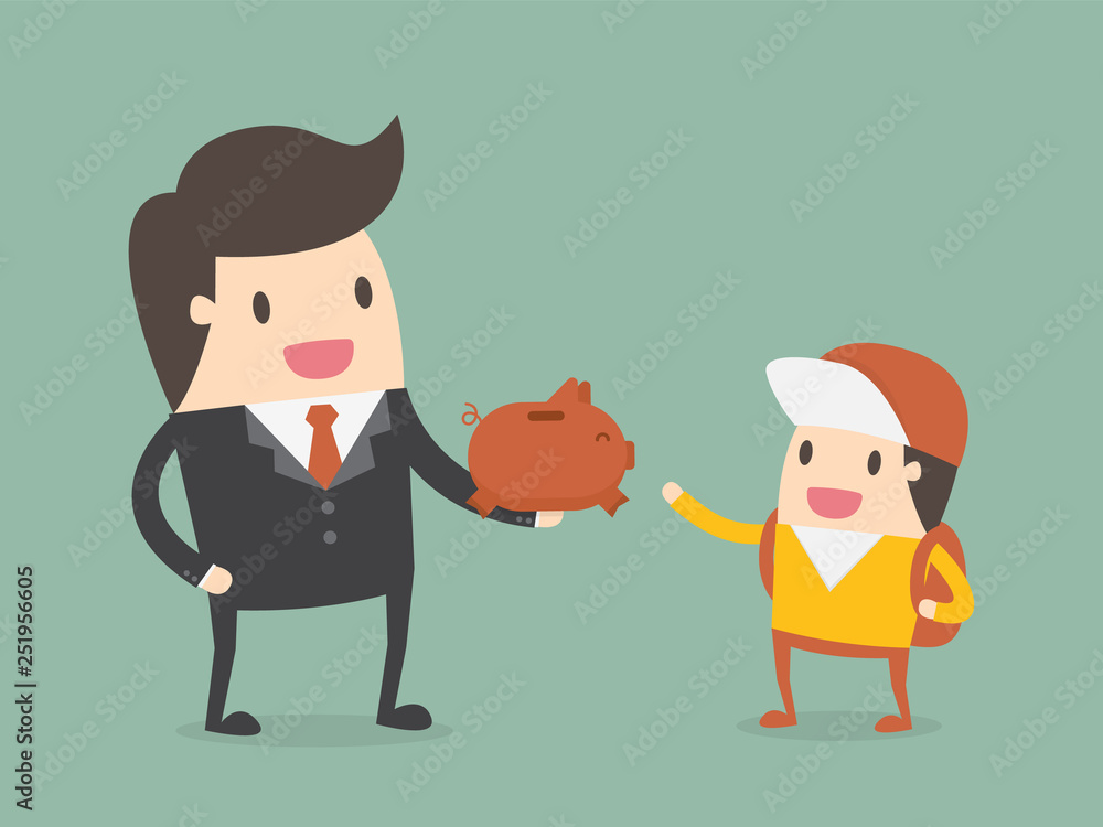 Businessman Giving Piggy Bank To His Child. Businessman Giving Piggy Bank To His Child.