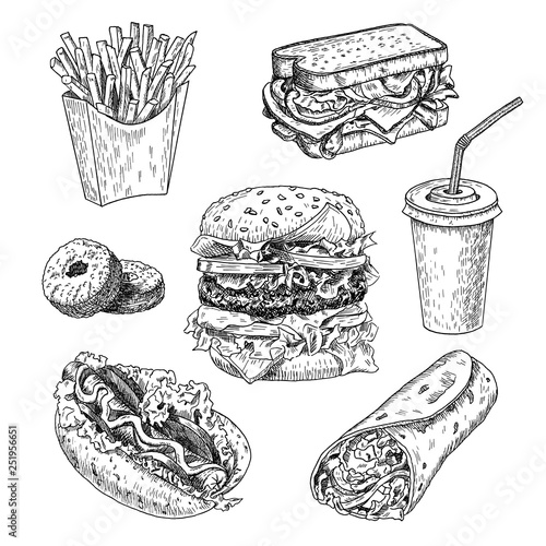 Fast food hand drawn vector illustration. Hamburger, french fries, sandwich, hot dog, doughnuts, burrito and cola engraved style, sketch isolated on white background.