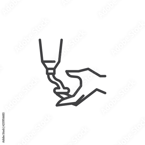 Hands applying lotion cream line icon. linear style sign for mobile concept and web design. Woman's hand and cream tube outline vector icon. Symbol, logo illustration. Pixel perfect vector 