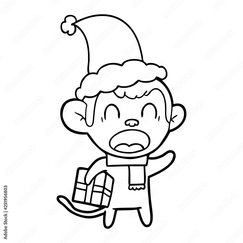 shouting line drawing of a monkey carrying christmas gift wearing santa hat shouting line drawing of a monkey carrying christmas gift wearing santa hat