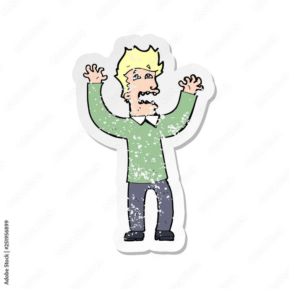 retro distressed sticker of a cartoon terrified man retro distressed sticker of a cartoon terrified man