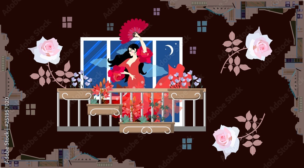 Beautiful spanish girl with flowing dark hair, in red dress and holding fan in her hands, is dancing flamenco at night on balcony decorated with flowering plants. Horizontal card.