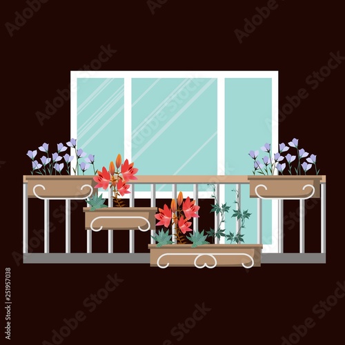 Beautiful small garden with different flowers on the balcony. Design of house greening.