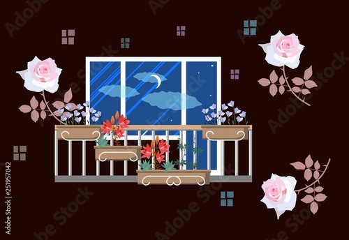 Sweet home card with balcony decorated with flowering plants and falling light pink roses. Horizontal pattern. Housewarming.