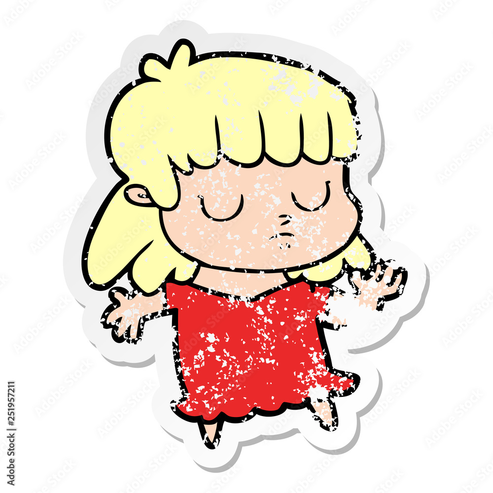 distressed sticker of a cartoon indifferent woman distressed sticker of a cartoon indifferent woman