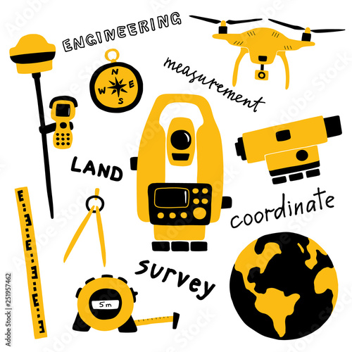 Geodetic measuring equipment, engineering technology for land area survey. Funny doodle hand drawn vector illustration. Isolated on white.