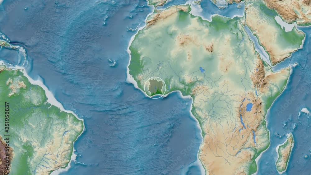 Cote Divoire area presented against the global physical map in the Kavrayskiy VII projection with animated oblique transformation Cote Divoire area presented against the global physical map in the Kavrayskiy VII projection with animated oblique transformation