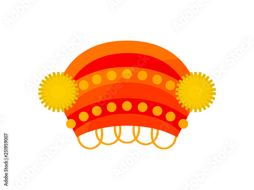 Bright red kokoshnik. Slavic headdress for women. Part of national folk costume. Female headwear. Flat vector icon