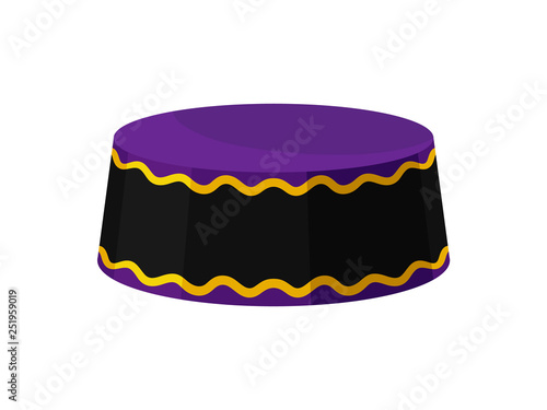 Flat vector icon of purple-black kufi hat. Traditional round-shaped African cap for men. Male headdress