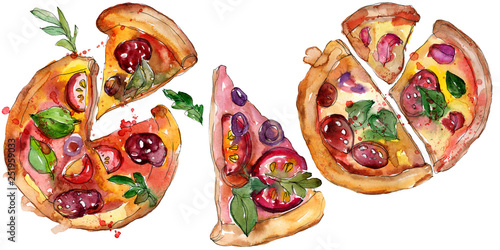 Fast food itallian pizza in a watercolor style set. Aquarelle food illustration for background. Isolated pizza element.