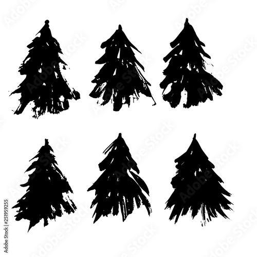 Set of fir tree silhouettes. Black grunge Christmas trees collection. Watercolor spruces isolated on white background. Vector illustration.