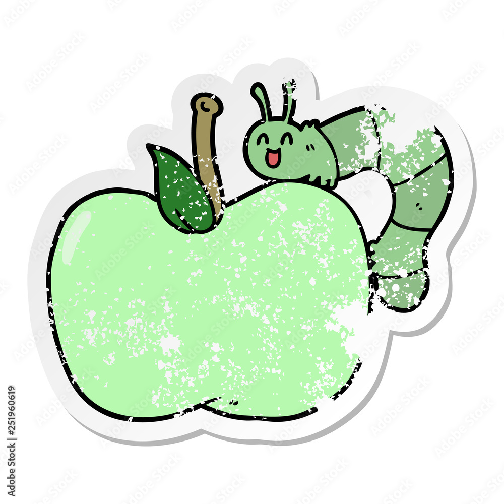 distressed sticker of a cartoon apple and bug distressed sticker of a cartoon apple and bug