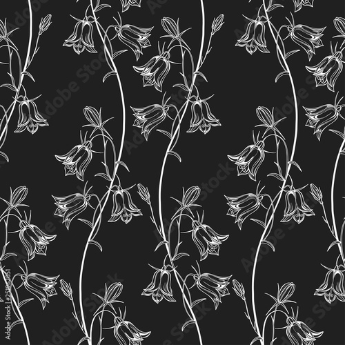 Seamless vector pattern with with flowers campanula on black background. Black and white nature background.