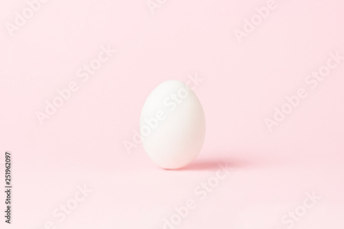 White Chicken Egg on a pink background. Minimalism. Side view