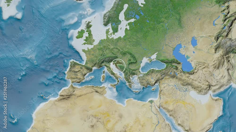 Croatia area presented against the global satellite map in the Fahey projection with animated oblique transformation Croatia area presented against the global satellite map in the Fahey projection with animated oblique transformation