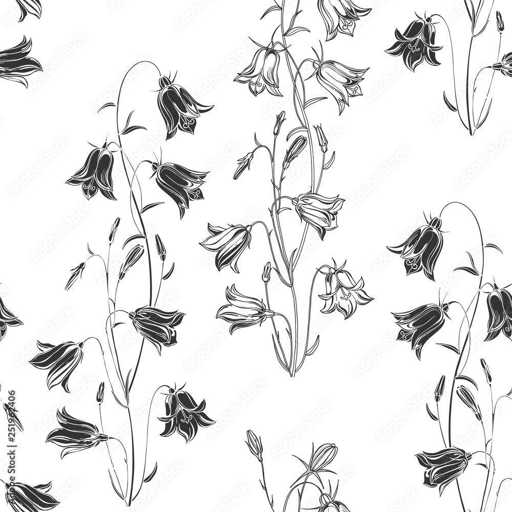 Fototapeta premium Seamless vector pattern with flowers bluebells. Black and white nature background. Silhouettes and contours.