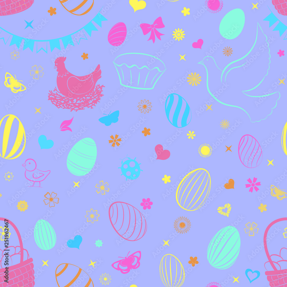 Seamless pattern of eggs, flowers, cakes, hare, hen, chicken and other Easter symbols, multicolored on violet Seamless pattern of eggs, flowers, cakes, hare, hen, chicken and other Easter symbols, multicolored on violet