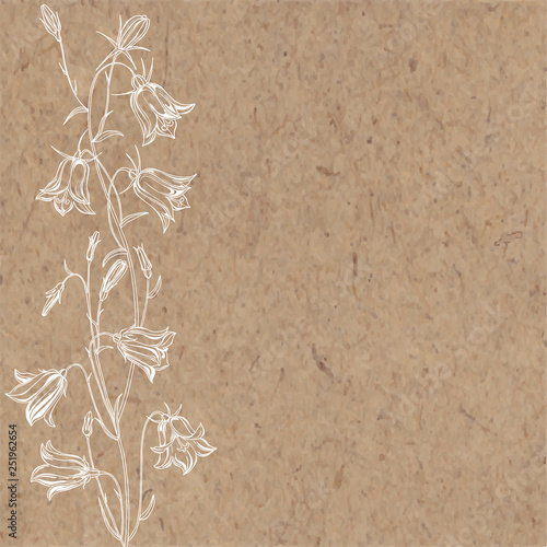 Floral vector background with flowers bluebells and place for text on kraft paper. Invitation, greeting card or an element for your design. Vertical composition.