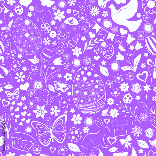 Seamless pattern of eggs, flowers, cakes, hare, hen, chicken and other Easter symbols, white on violet