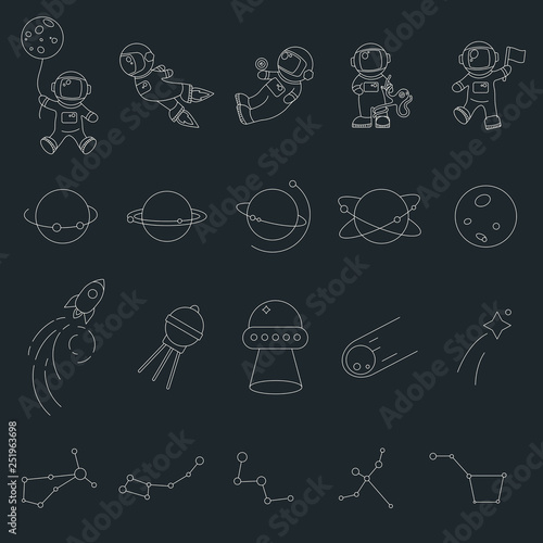 Line Art Space Icon Set. Cartoon Vector Illustration. Cute Character: Eyelash planet Earth throws a ball in the form of the moon, spaceman, dog in a spacesuit, Ursa Major, Rocket, UFO, Satellite