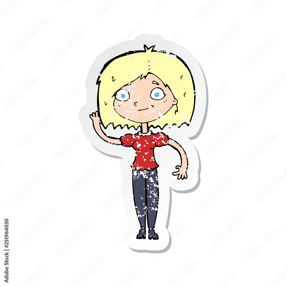 retro distressed sticker of a cartoon woman waving retro distressed sticker of a cartoon woman waving