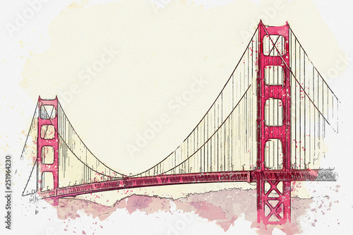 Watercolor sketch or illustration of the beautiful view of the Golden Gate Bridge in San Francisco in America